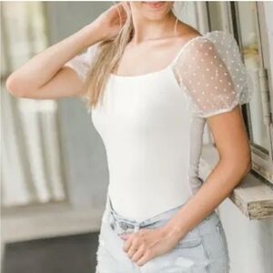 Altar’d State Sheer Swiss Dot Puff Sleeve Ribbed Bodysuit
